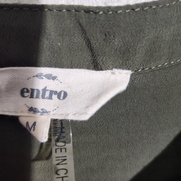Entro Dress Womens Medium Olive Green Button Down Tie Waist Short Sleeve Lined - Picture 2 of 12